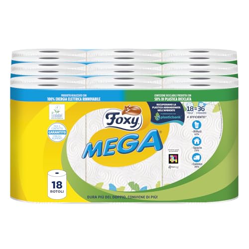 Foxy Mega | Asciugatutto Lunga Durata 18 Rotoli | 95 Strappi Per Rotolo | Decorato| Certificazione PEFC | Confezione Riciclabile Prodotta Con Plastica Riciclata