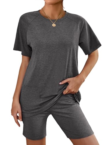 Image of Ekouaer Two Piece Sets for Women Summer Outfits 2026 Lounge Set Crew Neck Tshirts Biker Short Sweatsuit with Pocket