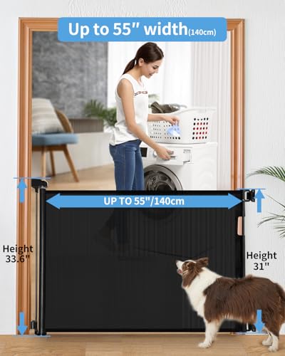 Image of Retractable Baby Gate for Doorways and Stairs, Mesh Safety Gate for Pet, Indoor & Outdoor Use, One-Hand Operation, Easy Installation, 33.6 inch Tall, Expands to 55 inch Wide（Black,33.6 inchx55 inch