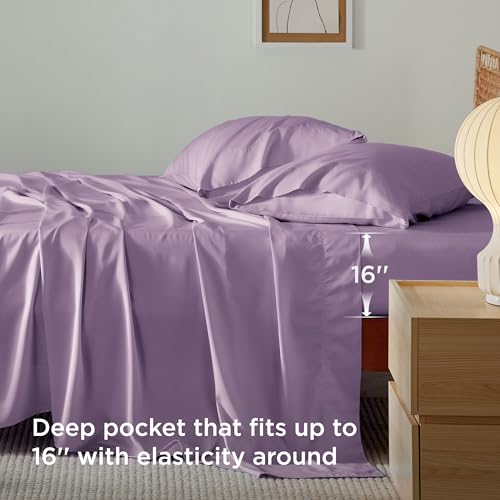 Image of Bedsure Cooling Sheets Twin, Rayon Derived from Bamboo, PureWoven, Breathable & Soft Twin Sheets Set, Deep Pocket Up to 16 Inches, Hotel Luxury Silky Bedding for Hot Sleepers, Lilac