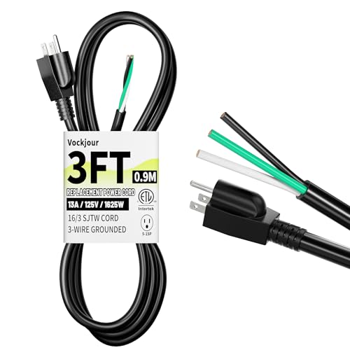 Vockjour 3 ft 16/3 Appliance and Power Tool Cord, 16 AWG 3 Prong Black Heavy Duty Replacement Power Cord with Open End, NEMA 5-15P, 125V AC Pigtail, 13A 1625W, ETL Listed