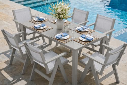 Image of 7-Piece Patio Dining Table Set, 69 inch Rectangle HDPE Outdoor Table & 6 Textilene Chairs Set with 2 inch Umbrella Hole, Wood-Look Finish, All-Weather Dining Set for Backyard, Poolside, Light Gray