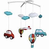 Azul Rojo Coches Avión Globo aerostático Bebé Cuna musical Móvil Hecho a mano Infantil Niños Niñas Decoración infantil