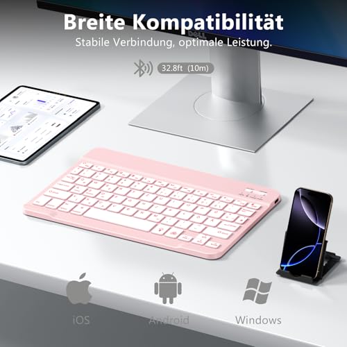 Vobafe Bluetooth Tastatur mit Telefonhalter für iOS/Android/Windows, Kabellose Tablet Tastatur für iPad/iPhone/Samsung/Laptop, Ultradünn Deutsche QWERTZ iPad Keyboard, 7 Farben Beleuchtete, Hellrosa