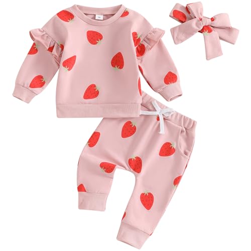 Mubineo Toddler Baby Girl Clothes Cute Flower Sweatshirt Outfits Fall Winter Long Sleeve Tops Pant Outfit Sweatsuit Set (Pink Strawberry, 0-6 Months)