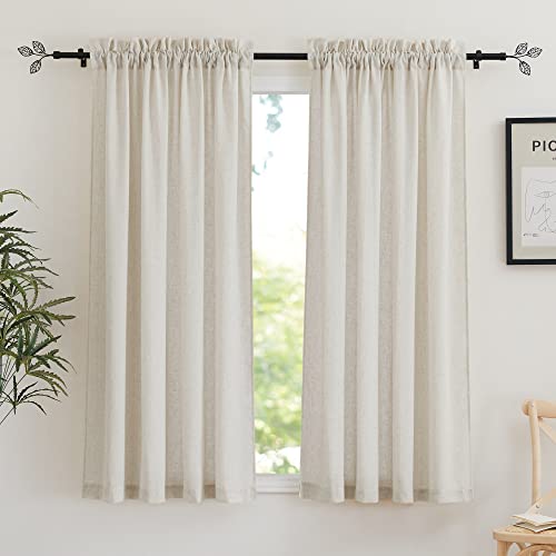 RYB HOME Linen Blend Curtains 63 inch Length – Semi Sheer Curtains & Drapes Tightly Woven UV Rays Protected Draperies for Bedroom, Doorway, Cafe, Bathroom, 52 Wide by 63 inch Long, 2 Panels, Linen