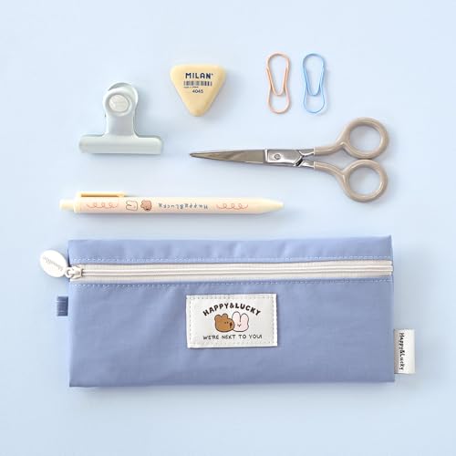 Image of Monolike Happy and Lucky Flat Pencil Case, Pale Blue - Slim Water-Resistant Nylon Pen Pouch, Aesthetic Pastel Stationery Organizer for Office