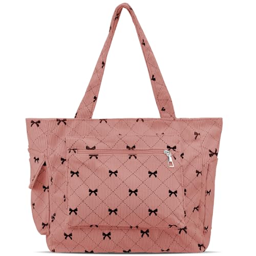 Image of Bow Tote Bag for Women Large Capacity Shoulder Bag with Pockets and Zipper Cute Coquette Bow Handbag for Work Travel Gym