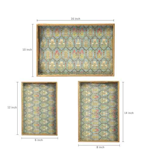 Image of Set of 3 Waterproof Wooden Trays - Traditional Jharoka and Flower Motif Design, Multipurpose Lacquer Coated MDF Serving Trays (16x10, 14x8, 12x6 Inches)(Set3NonWP- FloralJharoka)