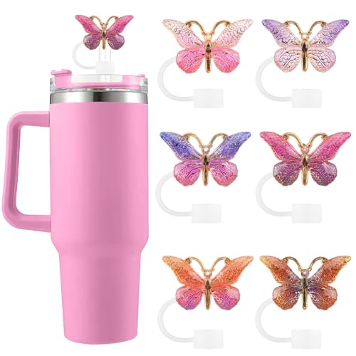 SEMATA 6PCS Butterfly Straw Cover Cap for Stanley Cup Accessories，Fuchsia