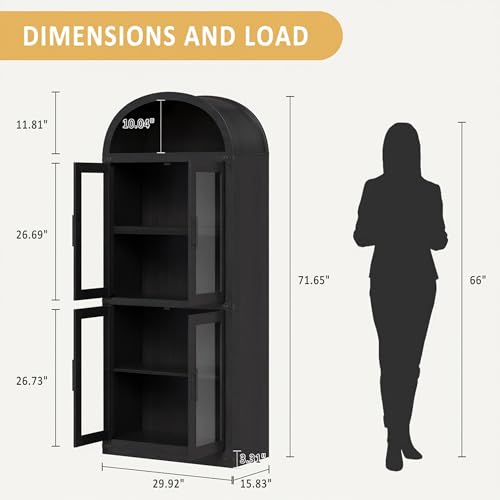 GarveeHome Arched Bookshelf with Doors Farmhouse Bookcase 15.83in Depth Display Storage Shelves 71.4in Tall Wooden Display Cabinet Rounded Bookcases for Living Room, Kitchen, Office (Black)