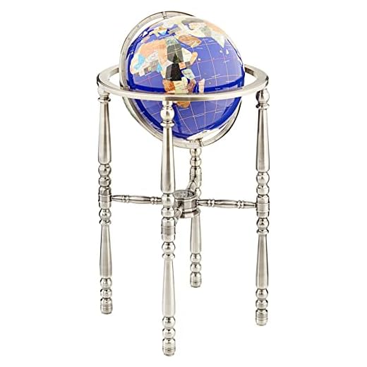 Unique Art 36-Inch by 13-Inch Floor Standing Blue Lapis Gemstone World Globe with Silver 4-Leg Stand