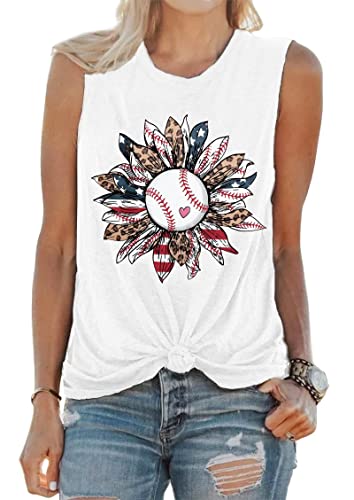YI XIANG RAN Sunflower Baseball T-Shirt Women's Graphic Tees Casual Sleeveless Tops (White, Small) — view 3