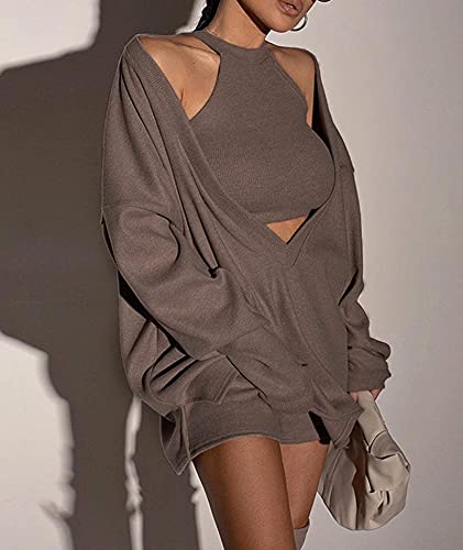 Image of ECDAHICC Women's Two Piece Outfits Knitted Halter Neck Crop Tank Tops and Oversized Off Shoulder Deep V Neck Pullover Sweater