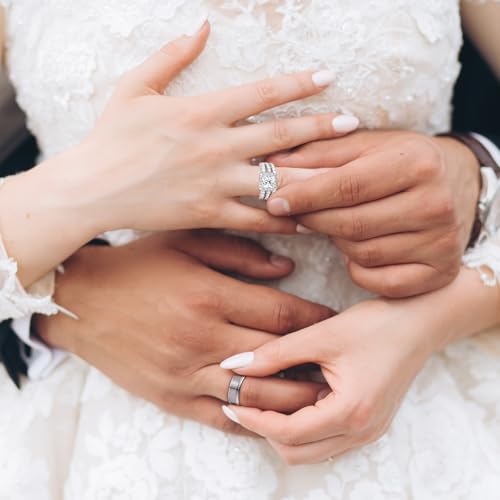 3PCS Wedding Rings for Him and Her,Promise Rings for Couples,Mens Tungsten Wedding Bands & White Gold Plated 2.5CT Bridal Set with Princess-cut Cubic Zirconia, Solitaire, Infinity Knot Engagement Ring, Promise Rings Couples2