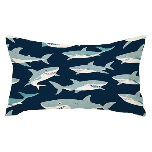 rkouqak Throw Pillow Covers Shark in Sea Ocean Animal Fish Pillow Cases Cotton Linen Waist Lumbar Cushion Cover Sofa Home Decorative Rectangle 12x20 Inches, Rqk-YZ080