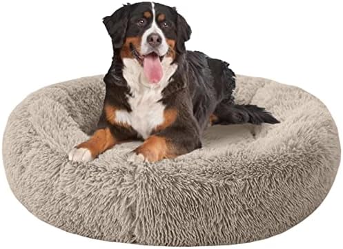 TUAKIMCE Cosy Donut Dog Bed Medium Washable, Fluffy Plush Round Donut Calming Dog Bed Cuddler Kennel Snuggle Pet Cushion Sofa Bed Medium Large Dog, Anti-Slip Bottom (Ø 80 cm, Grey)