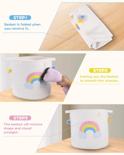Zaxiva Aufbewahrungskorb Kinder mit Griffen, Wäschekorb Gewebter Baumwollseilkorb mit Stickerei Buntes Regenbogen-Dekor, Aufbewahrung für Organisieren von Kleidung, Badezimmer, Spielzeug(30x30cm)