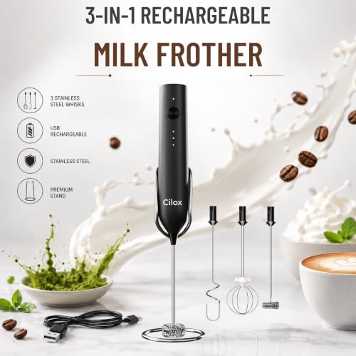 Image of Rechargeable Milk Frother Handheld with 3-Speed & 3 Detachable Stainless Whisks with Stand, Electric Whisk Frother Wand, Mixer Wand for Coffee, Lattes, Cappuccino & Matcha