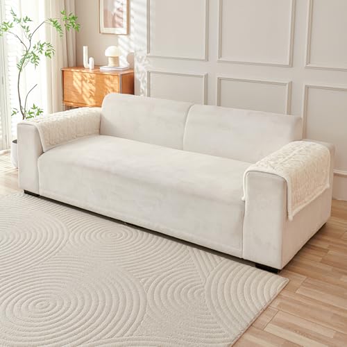 Image of HOKIPO 'Italian Caelora' Luxury Jacquard Plush Anti-Slip Sofa Armrest Covers | 1 Pair - Pearl White (AR-5953-WHT*2)