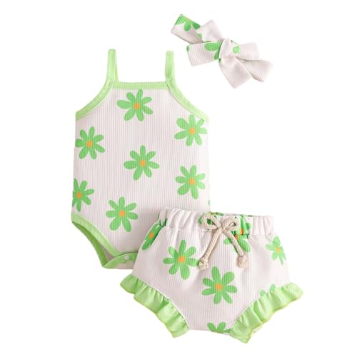 Image of Generic Infant Baby Girls Summer Outfits Ribbed Sleeveless Letter Print Romper Solid Color Bloomer Shorts Headband Newborn Clothes Cute Baby Boy Clothes Newborn Summer(Z01-Green,6-12 Months)
