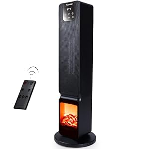 Electric Heater Energy Efficient – Heater Fan with Fireplace Display – Heaters for Home Low Energy – Portable Oscillating Tower Heater Fan – Black Ceramic Heater – by Nuovva