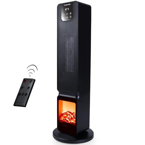 Electric Heater Energy Efficient – Heater Fan with Fireplace Display – Heaters for Home Low Energy – Portable Oscillating Tower Heater Fan – Black Ceramic Heater – by Nuovva