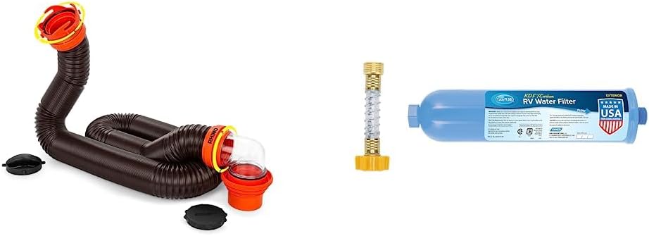 Camco Rhino FLEX RV Sewer Hose Kit, 15-foot (39770) & TastePURE RV/Marine Water Filter | Features Flexible Hose Protector
