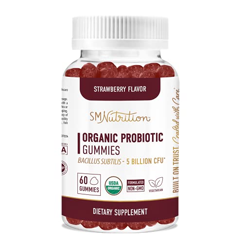Organic Probiotic Gummies for Adults and Kids (60 Count) - 5 Billion CFU Bacillus Subtilis Probiotics Gummies for Immune Support* & Digestion*; Strawberry Probiotics Chewable Gummies