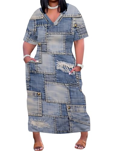 Image of SUZONANA Plus Size Denim Print Maxi Dresses for Women Casual V Neck Short Sleeve with Pockets Soft Jean Look Dress XL-6XL