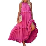 Sommerkleid Damen Lang Elegant Strandkleider Große Größen a Linien Kleid Sommer Hohe Taille Damenkleider Freizeit Trägerkleid Abendkleider,A11 Hot Pink,M