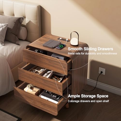 Image of Nasonet Nightstand with Charging Station, Large Mid Century Modern Nightstand with 3 Drawers, Wood Bedside Table for Bedroom, Curved Beveled Design, Walnut