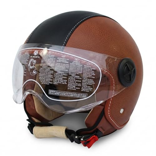 Casco Jet Moto con Doppia Visiera, Pelle/Nero, Visierino Parasole Integrato,