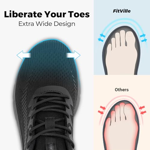 FitVille Mens Wide Fit Running Walking Shoes, Lightweight Non-Slip Trainers, Casual Outdoor Sneakers for Outdoor Trekking Camping Climbing, Jet Black, 9.5 UK Wide - Image 2