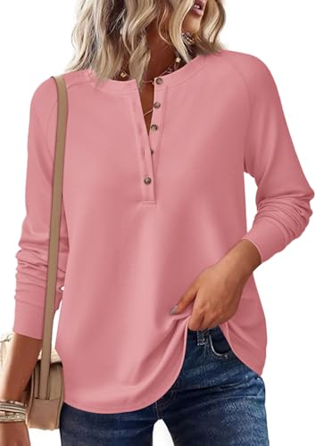 Image of PRETTYGARDEN Women's Long Sleeve Waffle Knit Henley Shirts Loose Tunic Tops