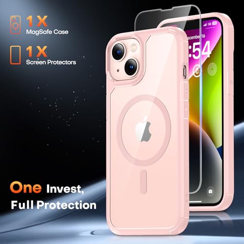 Image of TAURI for iPhone 13 Case, Compatible with MagSafe, Pink | with Screen Protector, Not-Yellowing Military-Grade Protection, Shockproof Slim Magnetic Case for iPhone 13