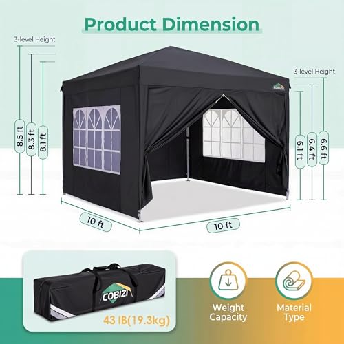 COBIZI 10x10 Pop up Canopy Tent, 10 by 10 Easy Setup Pop up Gazebo with 4 Sidewalls & Center Lock, Small Portable Instant Waterproof Outdoor Tent Canopy for Patio Backyard Vendor Event Sports, Black by COBIZI - Used condition - Image 2
