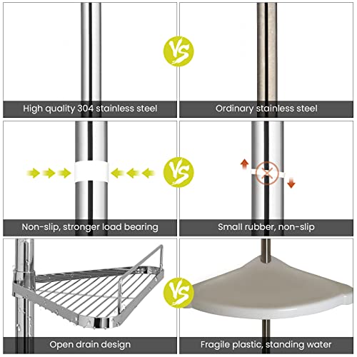 Yvilant Corner Shower Caddy Tension Pole, 4 Layer Rustproof Shower Corner Shelf Stainless Steel Pole Organizer Standing Shower Organizer Adjustable Shower Shelf, 59-110 Inches, Silver #TOP3