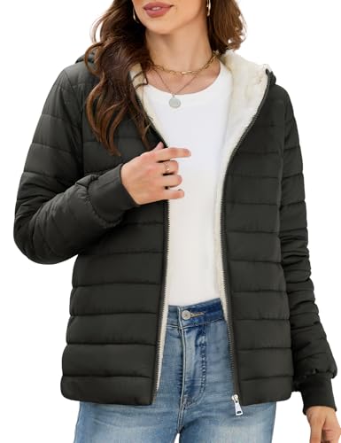 CMTOP Chaqueta Mujer Corta Ligera, Forro Polar Cálido Chaqueta Acolchada, Resistente al Agua y al Viento Parka de Manga Larga Con Capucha y Bolsillos para Invierno Primavera Otoño(Negro,XL)
