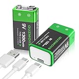 Lot de 2 Piles Rechargeables 9V, 1300mAh Haute Capacité 9 Volt Piles Lithium Carrées Recharge USB C avec câble de Chargement 2 en 1 pour Détecteurs de Fumée, Multimètres etc