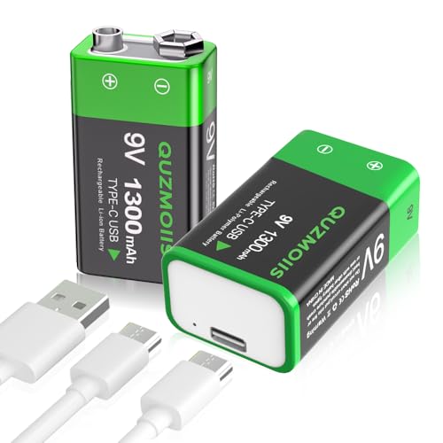 9V Wiederaufladbare Akku, 1300mAh Lithium-Ionen 9 Volt Block Batterien Schnellladung über USB-C ideal für Rauchmelder, Feuermelder, Multimeter (2 Stück)