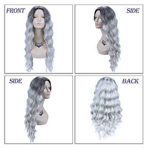 Gowit 30 Inch Long Wavy Wigs For Women Middle Part Curly Wave Hair Wig Dark Roots Grey Body Wave Wigs Natural Looking Heat Resistant Synthetic Full Wigs For Daily Party Cosplay Costumes(30",1B/Grey) #TOP2
