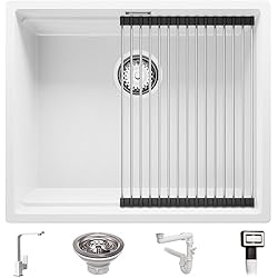 Fregadero Praga Fregadero Cocina 56 x 47 cm, Fregadero Granito Un Seno + Mezclador de Fregadero + Sifón Clásico, Fregadero Empotrado Prague 60 Level Slim de Primagran, Blanco