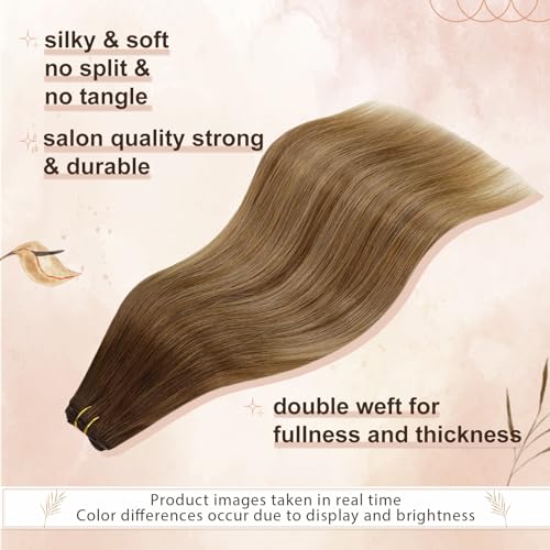 Hetto Weft Hair Extensions Real Human Hair Balayage Brown, Full Head Hand Tied Sew in Hair Extensions Brown Ombre - Image 3