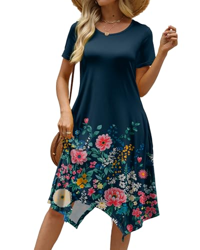 Image of COSSEN Women's 2026 Summer Midi Dress Crew Neck Short Sleeve Casual Tshirt Flowy Loose Sundress with Pockets