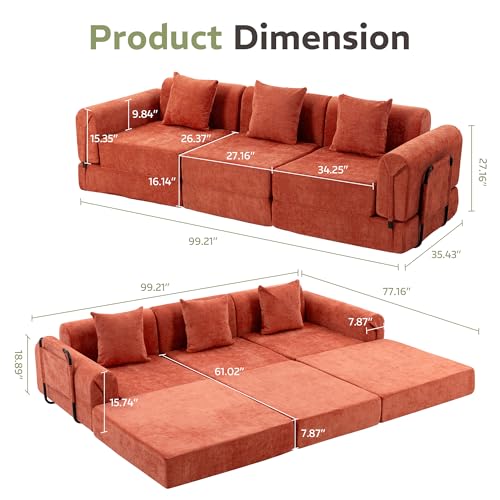 Image of 100 inch Convertible Sofa Bed, 5-in-1 Modular Sectional Cloud Couch with Fixed-Shape Frame & Storage Pocket, No Assembly Required Boneless Sleeper Sofa for Living Room, Chenille Orange