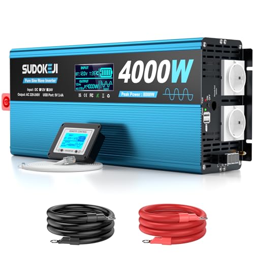 SUDOKEJI Inversor 4000W Onda Senoidal Pura 12V a 230V – Convertidor con 2 Tomas Schuko, 2 Puertos USB y Mando a Distancia – Ideal para Camión, Autocaravana, Camper, Emergencias en Casa