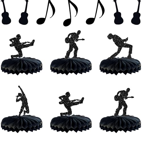 Gyufise 8Pcs Black Glitter Rock Pop Music Theme Table Toppers Honeycomb Centerpieces for Concert Theme Boys Girls Birthday Party Decorations