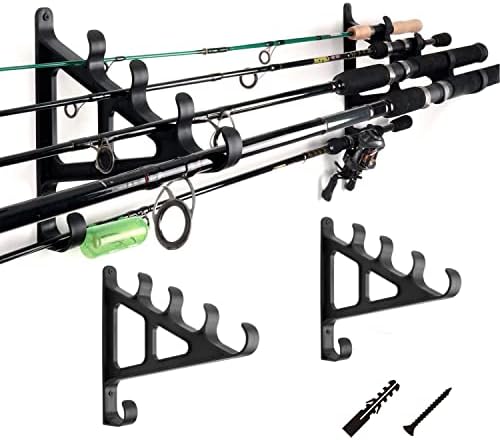 Horizontal Fishing Rod Rack Rod Holders for Wall Storage - Wall Mounted Fishing Rod Rack with Hook,Holds 4 Rods , Space Saving for Fishing Rods，Hiking Poles, Ski Poles, Hockey Sticks and Cue