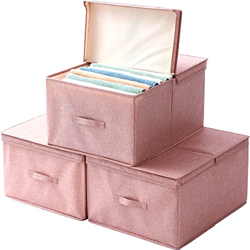 Fihap Closet Organizer Collapsible Pink Storage Bins With Lids Sturdy Fabric Containers Cubes Stackable Box For Clothes Bedroom Blankets Toys, 3 Pack #TOP19
